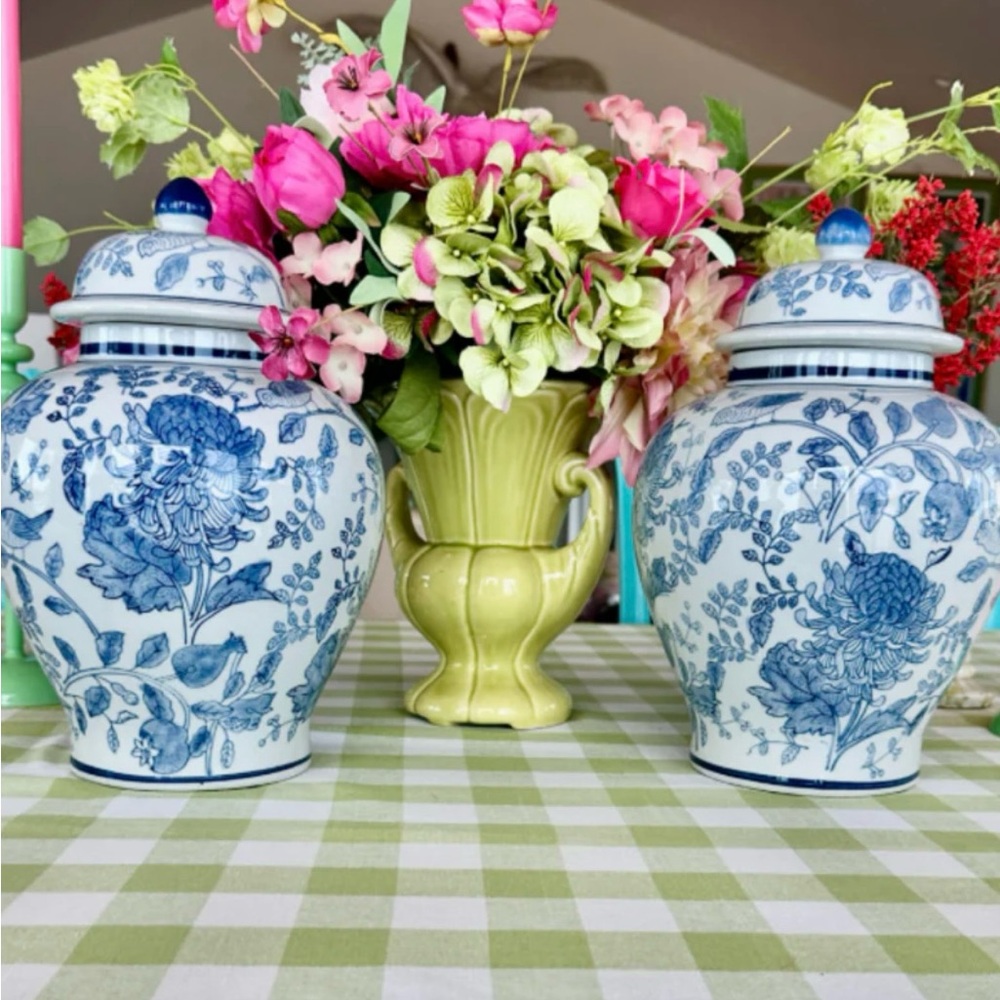 Blue and White Floral Porcelain Ginger Jar Set